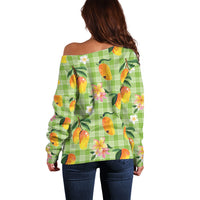 Aloha Hawaii Palaka Print Mango Plumeria Off Shoulder Sweater Cool Mint LT7 - Polynesian Pride