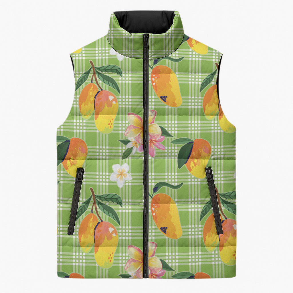 Aloha Hawaii Palaka Print Mango Plumeria Sleeveless Puffer Jacket Cool Mint LT7 Unisex Mint - Polynesian Pride