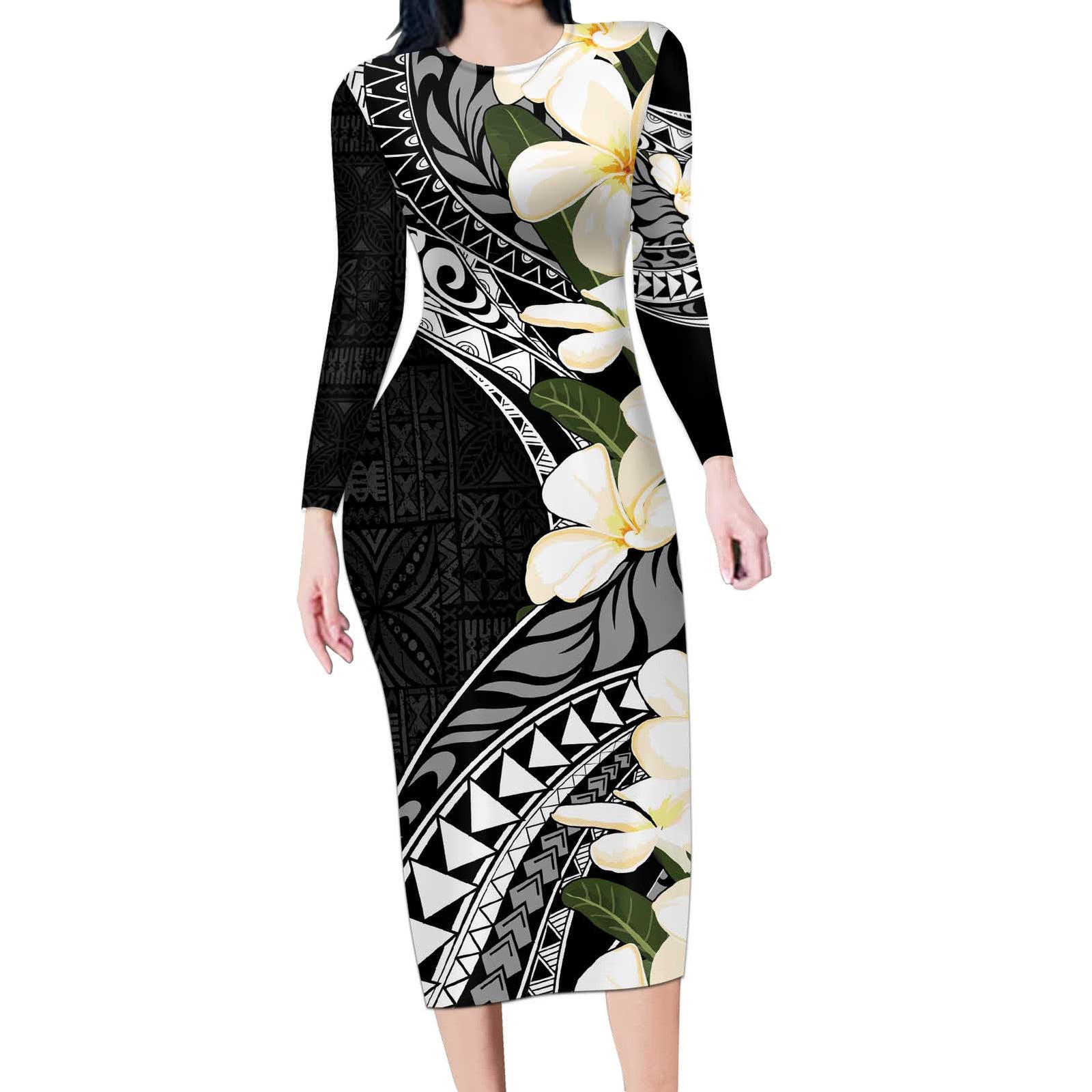 Aloha Hawaii Festive Long Sleeve Bodycon Dress Frangipani Lace Classic LT7 Long Dress Black - Polynesian Pride