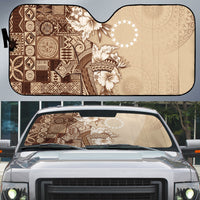 Kia Orana Cook Islands Tapa Floral With Cross Auto Sun Shade Beige LT7 Beige - Polynesian Pride