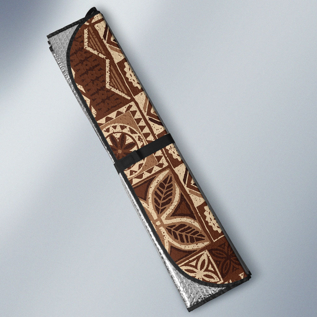 Kia Orana Cook Islands Tapa Floral With Cross Auto Sun Shade Beige LT7 - Polynesian Pride