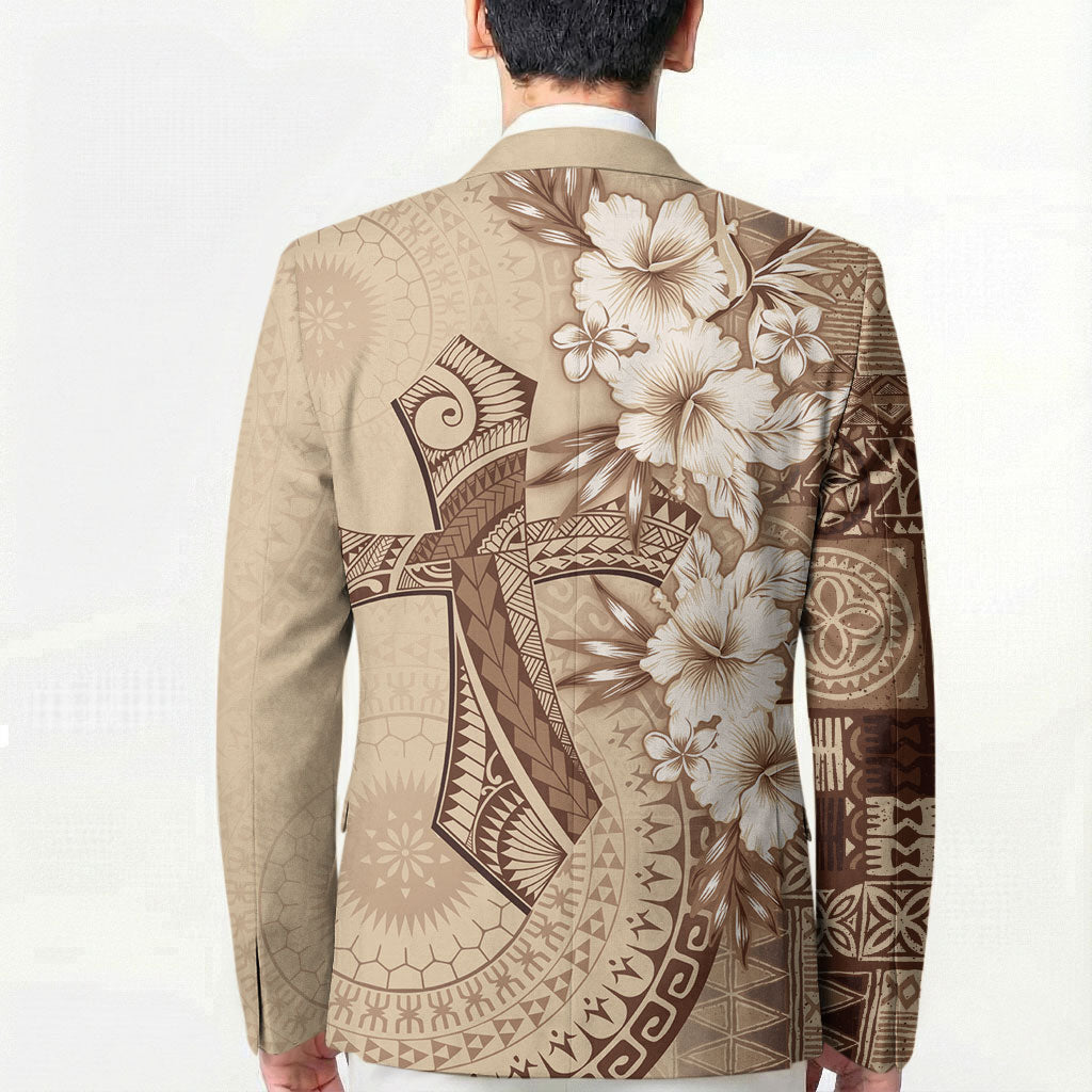 Kia Orana Cook Islands Tapa Floral With Cross Blazer Beige LT7 - Polynesian Pride