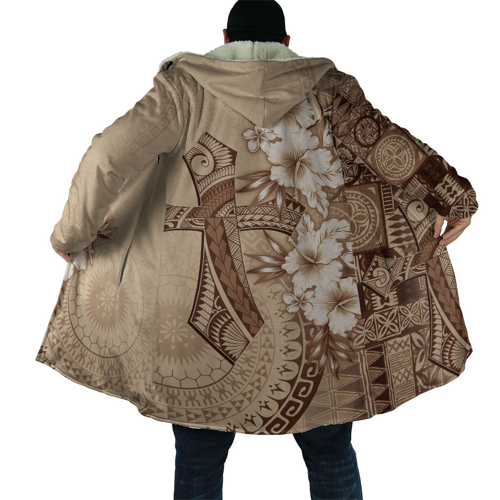 Kia Orana Cook Islands Tapa Floral With Cross Cloak Beige LT7 - Polynesian Pride