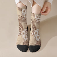 Kia Orana Cook Islands Tapa Floral With Cross Crew Socks Beige LT7 Crew Socks Beige - Polynesian Pride