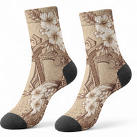 Kia Orana Cook Islands Tapa Floral With Cross Crew Socks Beige LT7 - Polynesian Pride