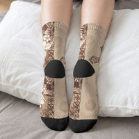 Kia Orana Cook Islands Tapa Floral With Cross Crew Socks Beige LT7 - Polynesian Pride