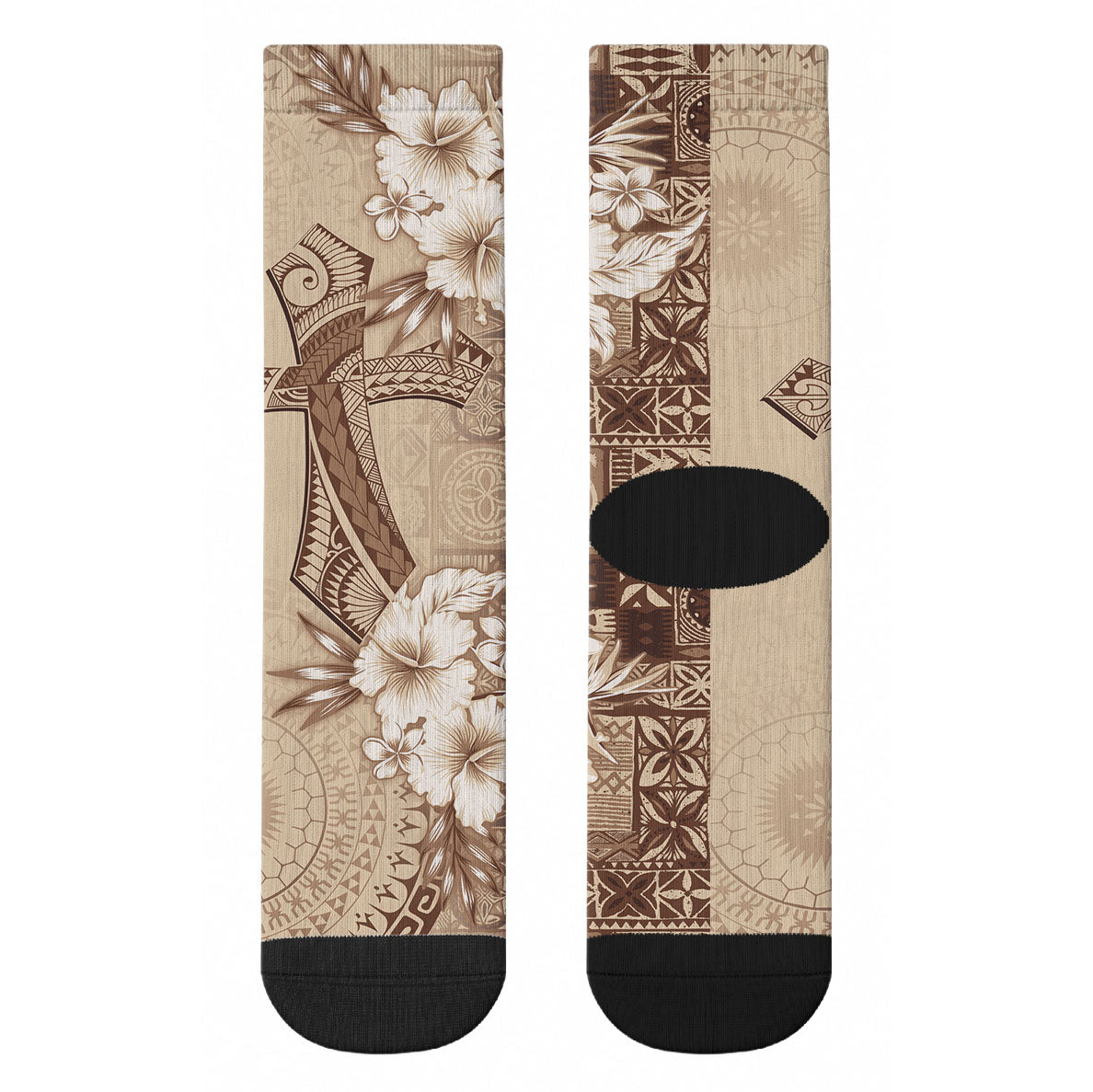 Kia Orana Cook Islands Tapa Floral With Cross Crew Socks Beige LT7 - Polynesian Pride