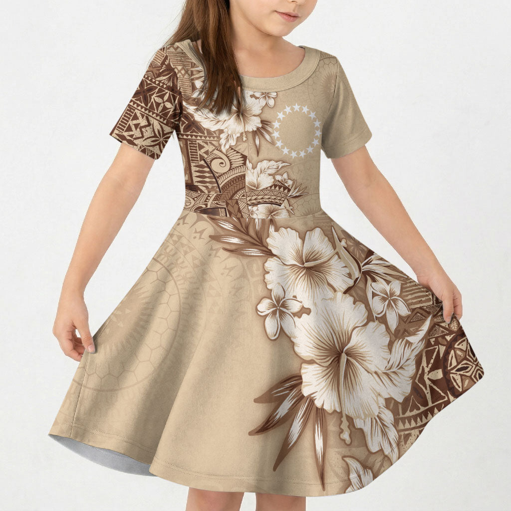 Kia Orana Cook Islands Tapa Floral With Cross Kid Short Sleeve Dress Beige LT7 KID Beige - Polynesian Pride