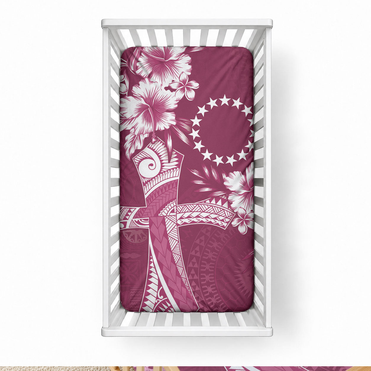 Kia Orana Cook Islands Tapa Floral With Cross Baby Bed Cover Maroon LT7 28 × 52 in Maroon - Polynesian Pride