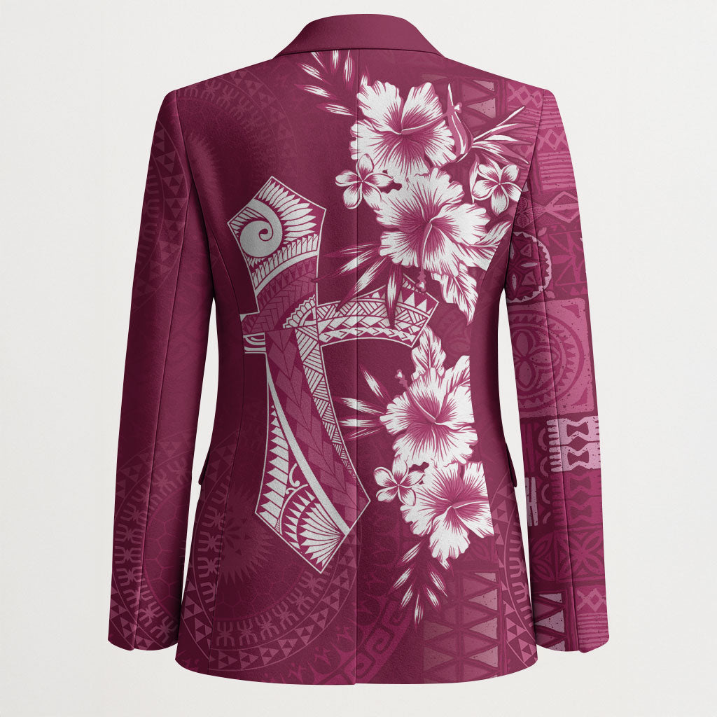 Kia Orana Cook Islands Tapa Floral With Cross Blazer Maroon LT7 - Polynesian Pride