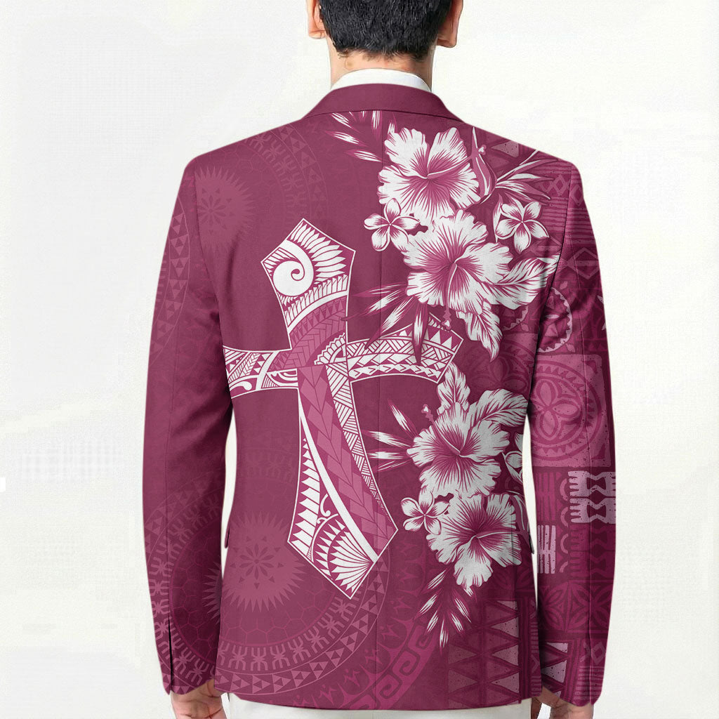Kia Orana Cook Islands Tapa Floral With Cross Blazer Maroon LT7 - Polynesian Pride