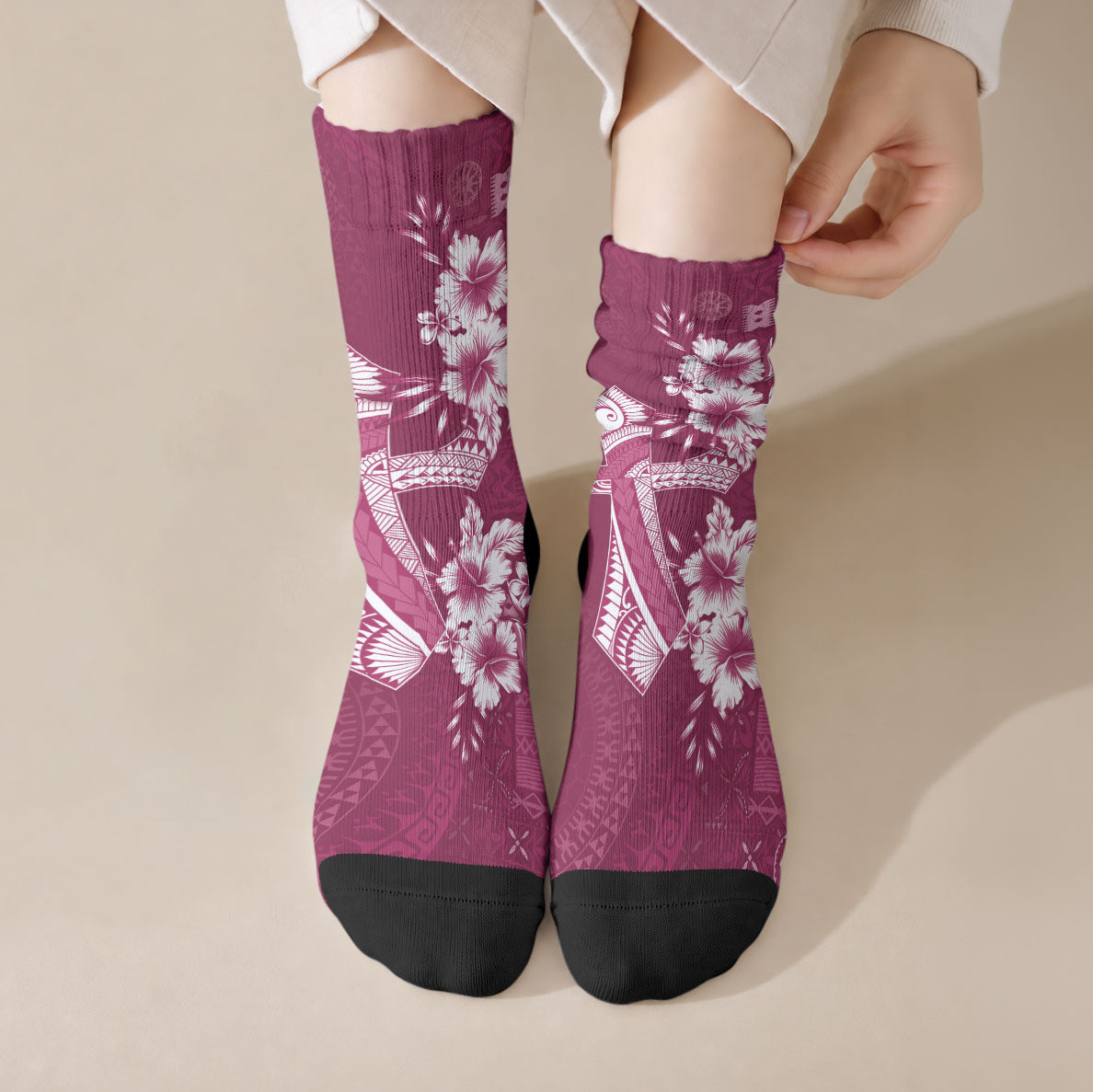 Kia Orana Cook Islands Tapa Floral With Cross Crew Socks Maroon LT7 Crew Socks Maroon - Polynesian Pride