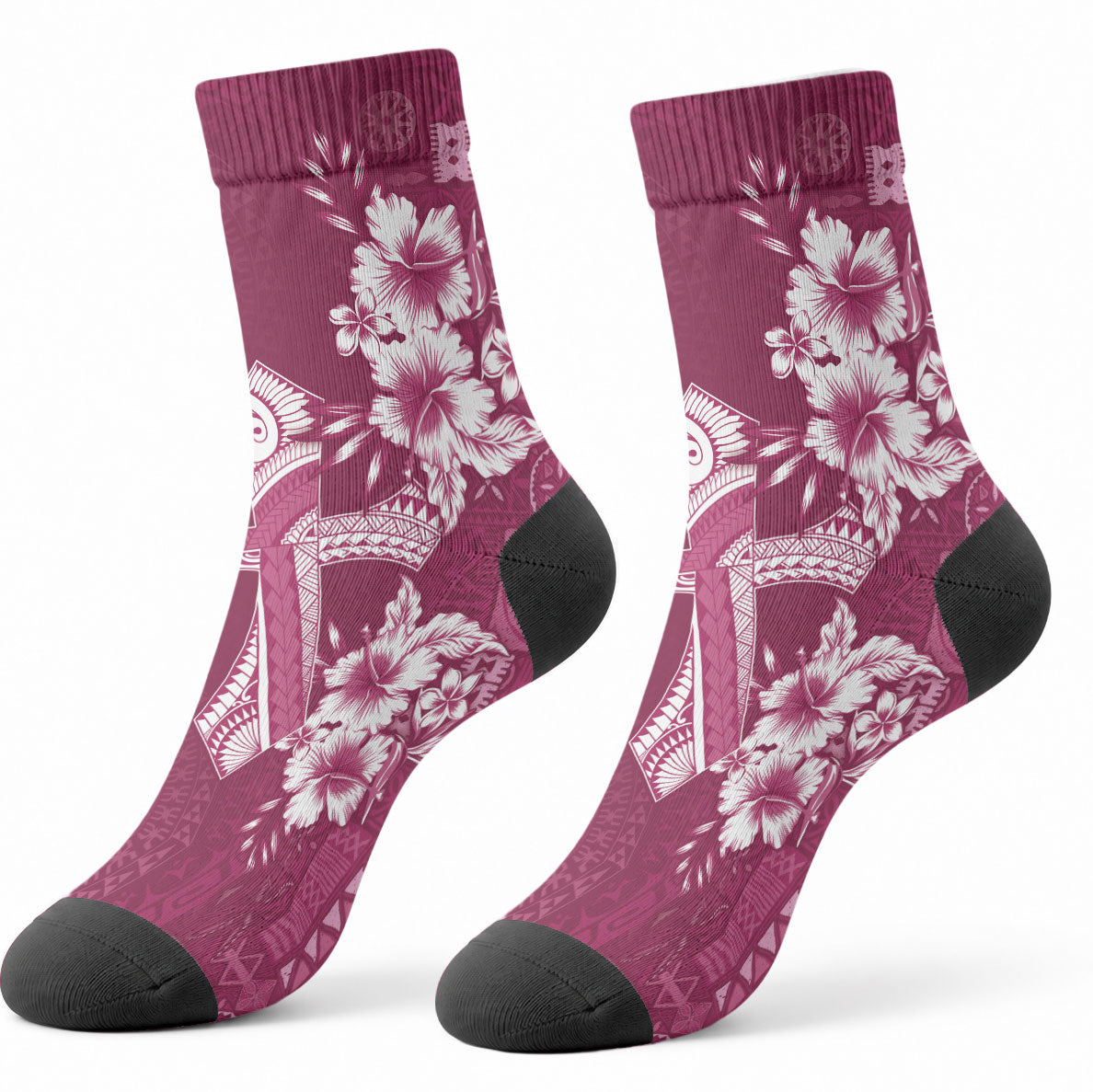 Kia Orana Cook Islands Tapa Floral With Cross Crew Socks Maroon LT7 - Polynesian Pride