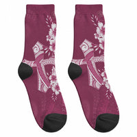 Kia Orana Cook Islands Tapa Floral With Cross Crew Socks Maroon LT7 - Polynesian Pride