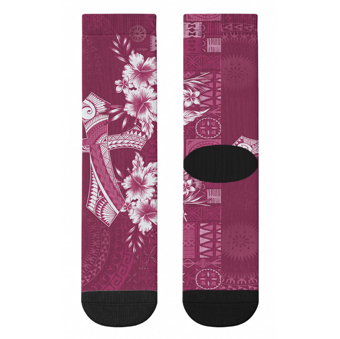 Kia Orana Cook Islands Tapa Floral With Cross Crew Socks Maroon LT7 - Polynesian Pride