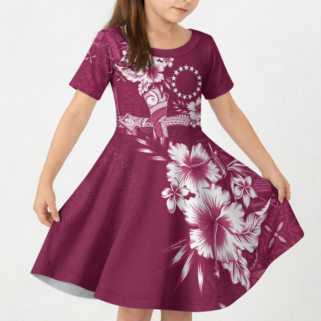 Kia Orana Cook Islands Tapa Floral With Cross Kid Short Sleeve Dress Maroon LT7 KID Maroon - Polynesian Pride