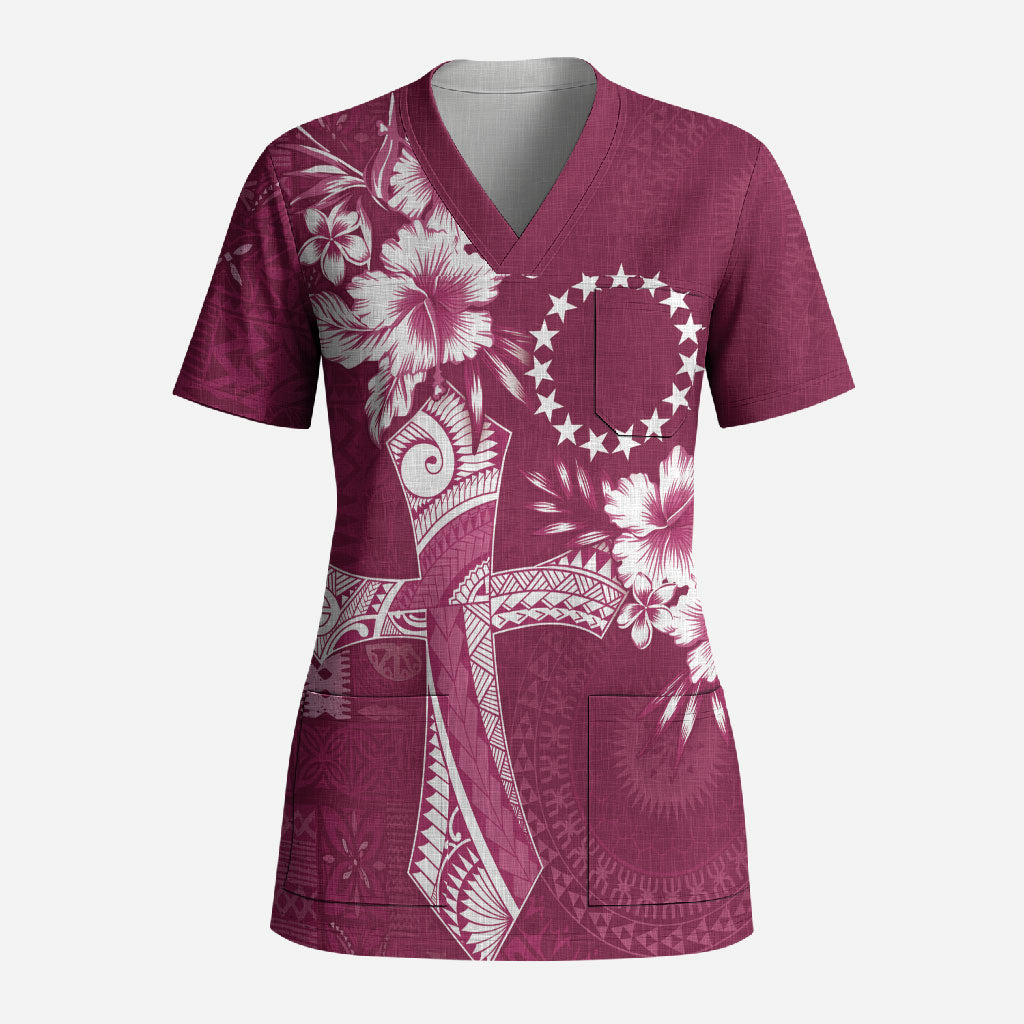 Kia Orana Cook Islands Tapa Floral With Cross Scrub Top Maroon LT7 Adult Maroon - Polynesian Pride
