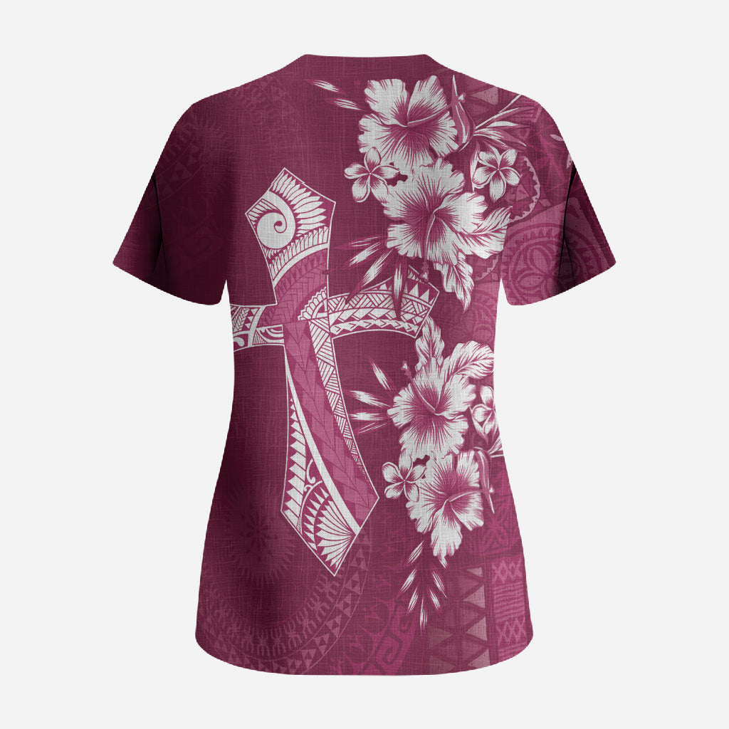 Kia Orana Cook Islands Tapa Floral With Cross Scrub Top Maroon LT7 - Polynesian Pride