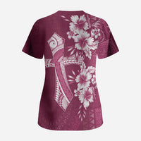 Kia Orana Cook Islands Tapa Floral With Cross Scrub Top Maroon LT7 - Polynesian Pride