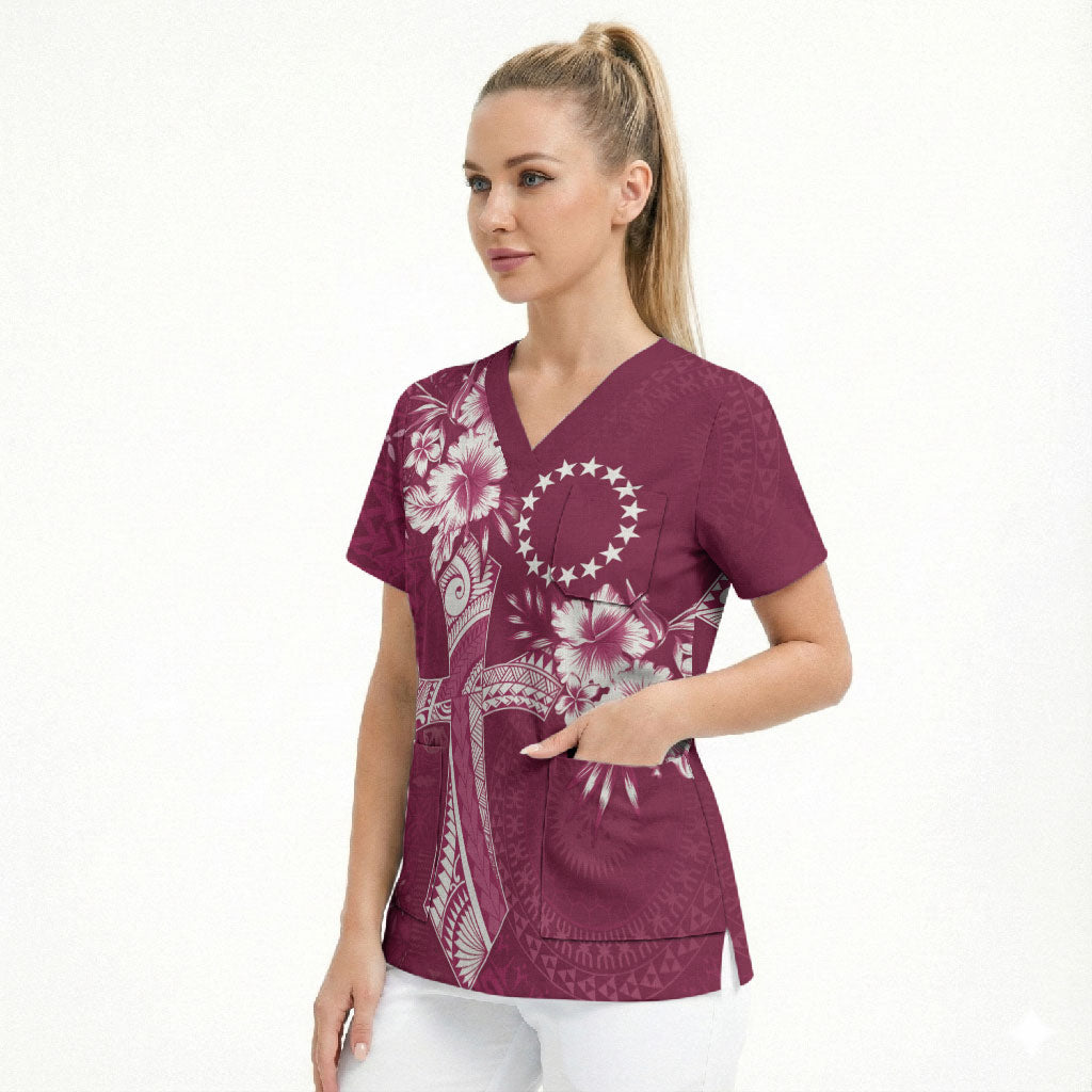 Kia Orana Cook Islands Tapa Floral With Cross Scrub Top Maroon LT7 - Polynesian Pride