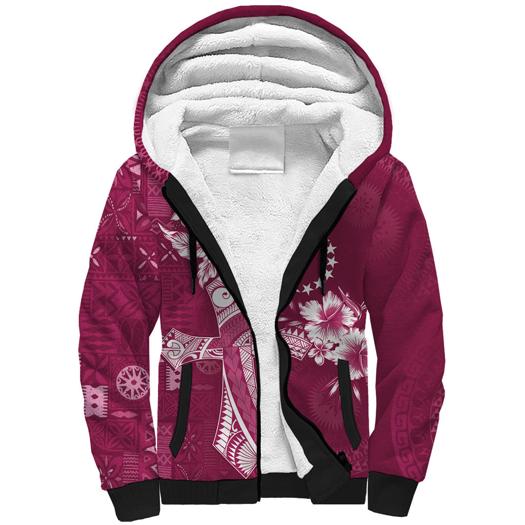 Kia Orana Cook Islands Tapa Floral With Cross Sherpa Hoodie Maroon