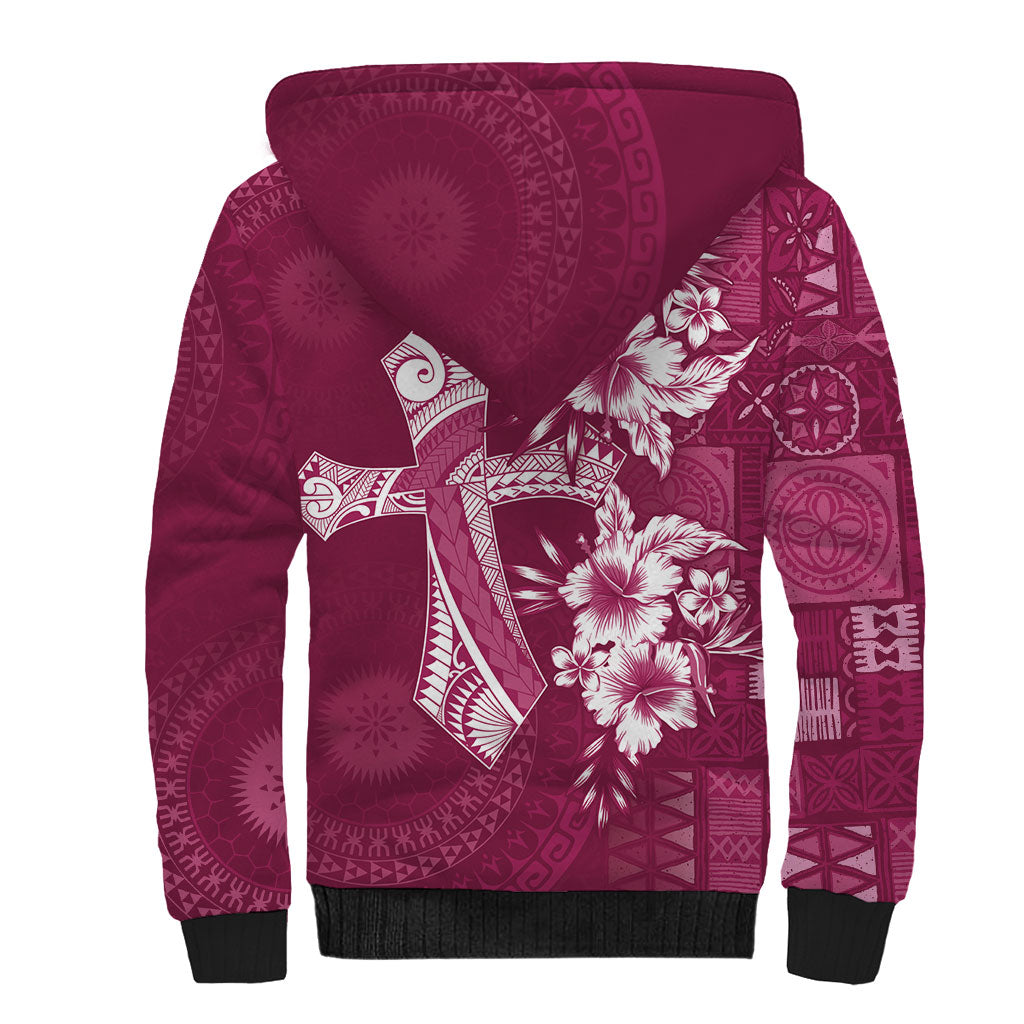 Kia Orana Cook Islands Tapa Floral With Cross Sherpa Hoodie Maroon LT7 - Polynesian Pride