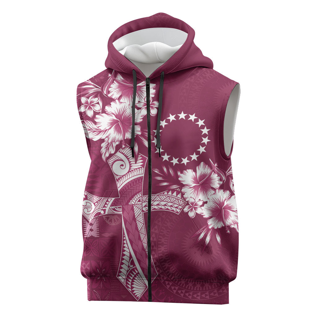 Kia Orana Cook Islands Tapa Floral With Cross Sleeveless Zip Hoodie Maroon LT7 Maroon - Polynesian Pride