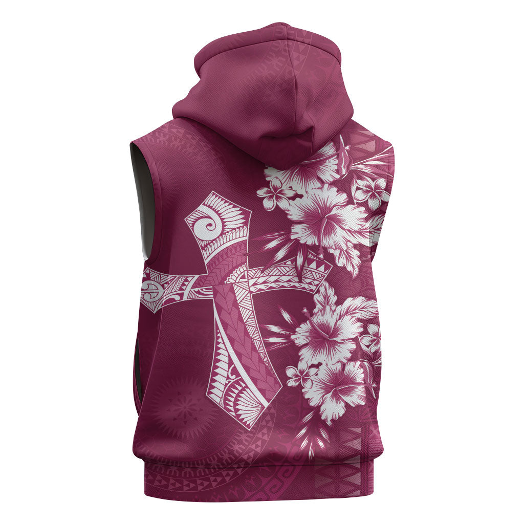 Kia Orana Cook Islands Tapa Floral With Cross Sleeveless Zip Hoodie Maroon LT7 - Polynesian Pride