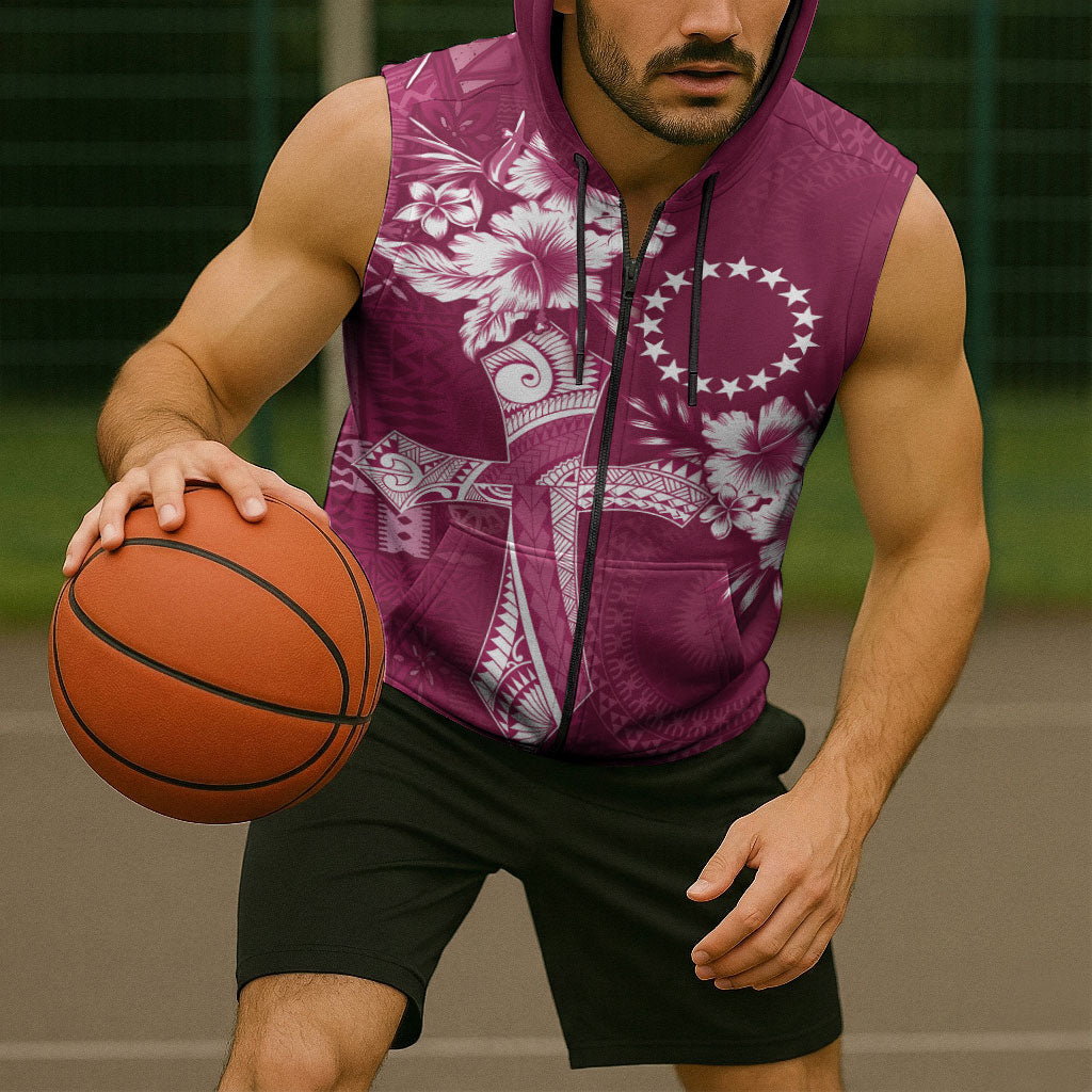 Kia Orana Cook Islands Tapa Floral With Cross Sleeveless Zip Hoodie Maroon LT7 - Polynesian Pride
