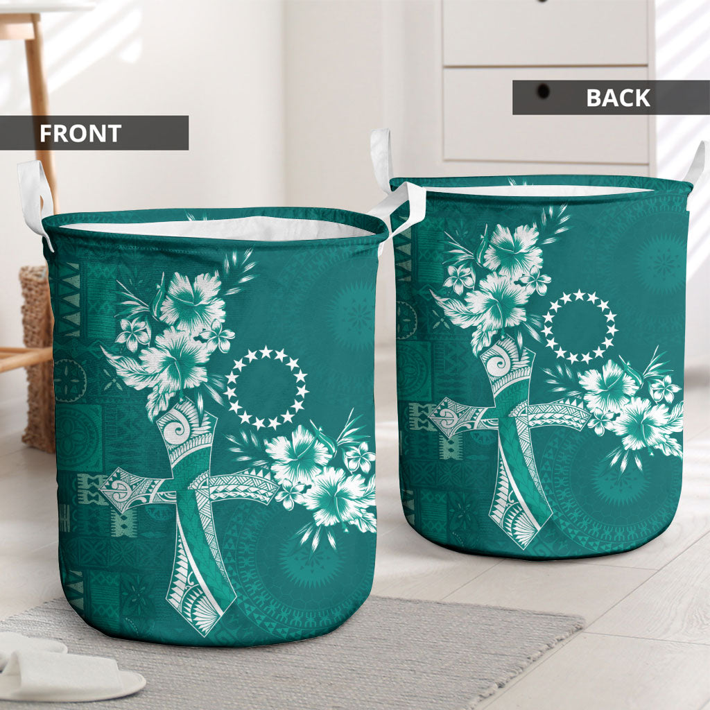 Kia Orana Cook Islands Tapa Floral With Cross Laundry Basket Deep Teal LT7 - Polynesian Pride