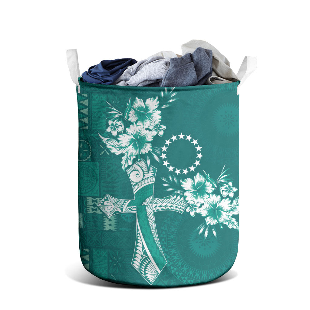 Kia Orana Cook Islands Tapa Floral With Cross Laundry Basket Deep Teal LT7 - Polynesian Pride
