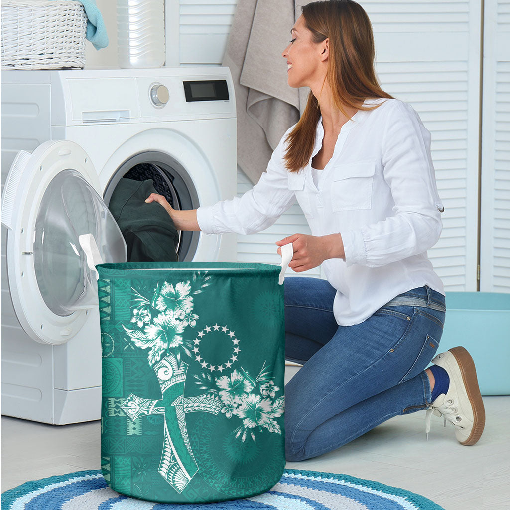 Kia Orana Cook Islands Tapa Floral With Cross Laundry Basket Deep Teal LT7 - Polynesian Pride