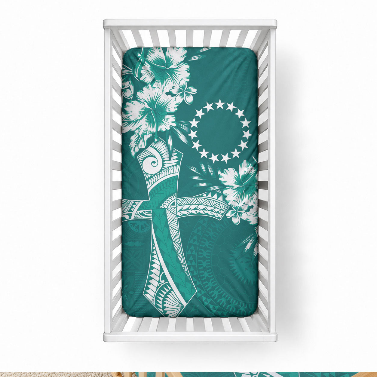 Kia Orana Cook Islands Tapa Floral With Cross Baby Bed Cover Deep Teal LT7 28 × 52 in Deep Teal - Polynesian Pride