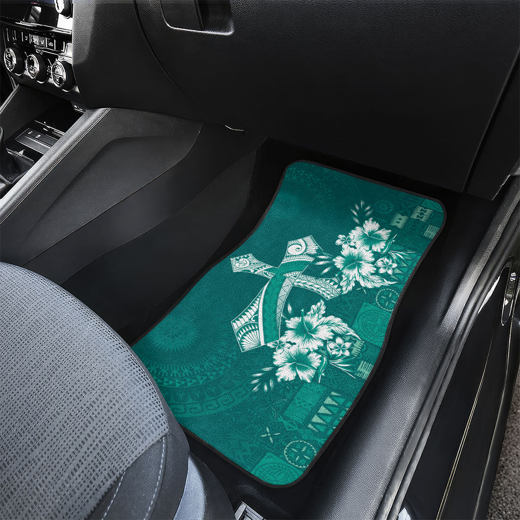 Kia Orana Cook Islands Tapa Floral With Cross Car Mats Deep Teal LT7 - Polynesian Pride