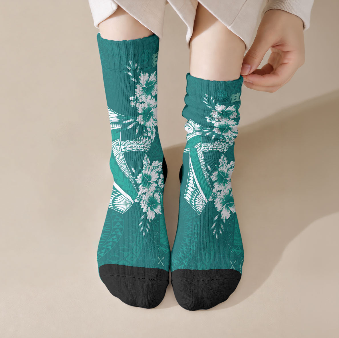 Kia Orana Cook Islands Tapa Floral With Cross Crew Socks Deep Teal LT7 Crew Socks Deep Teal - Polynesian Pride