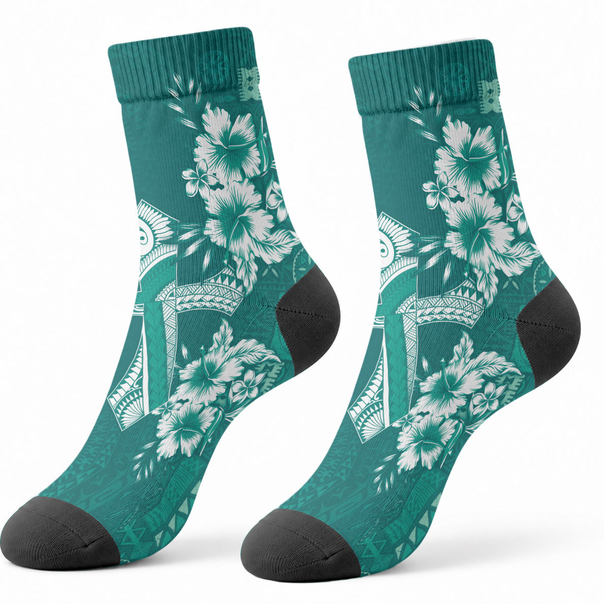 Kia Orana Cook Islands Tapa Floral With Cross Crew Socks Deep Teal LT7 - Polynesian Pride