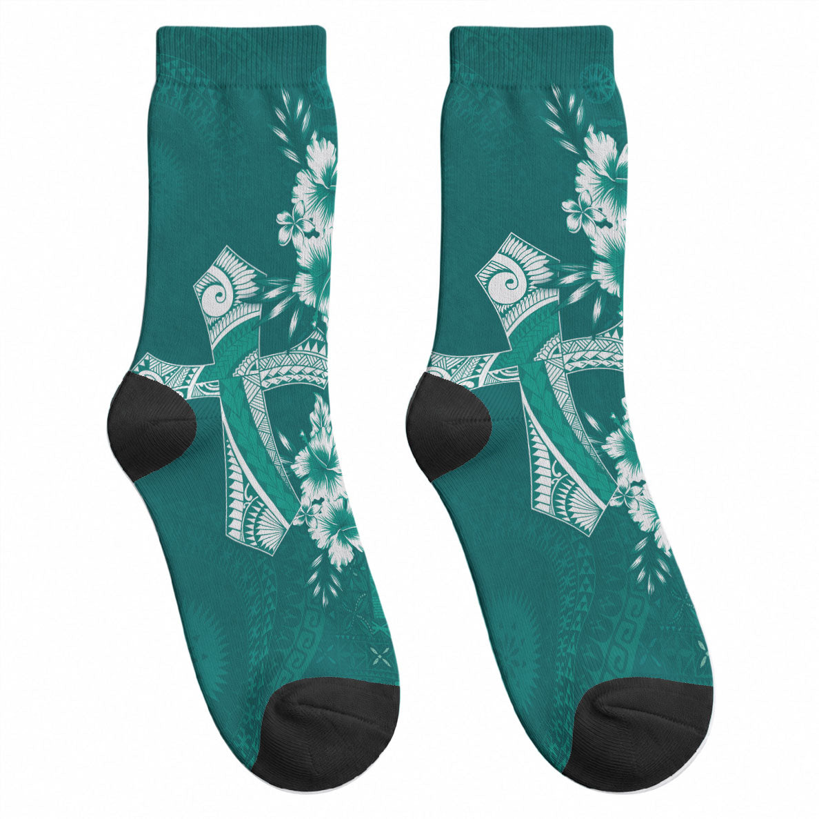 Kia Orana Cook Islands Tapa Floral With Cross Crew Socks Deep Teal LT7 - Polynesian Pride