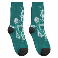 Kia Orana Cook Islands Tapa Floral With Cross Crew Socks Deep Teal LT7 - Polynesian Pride
