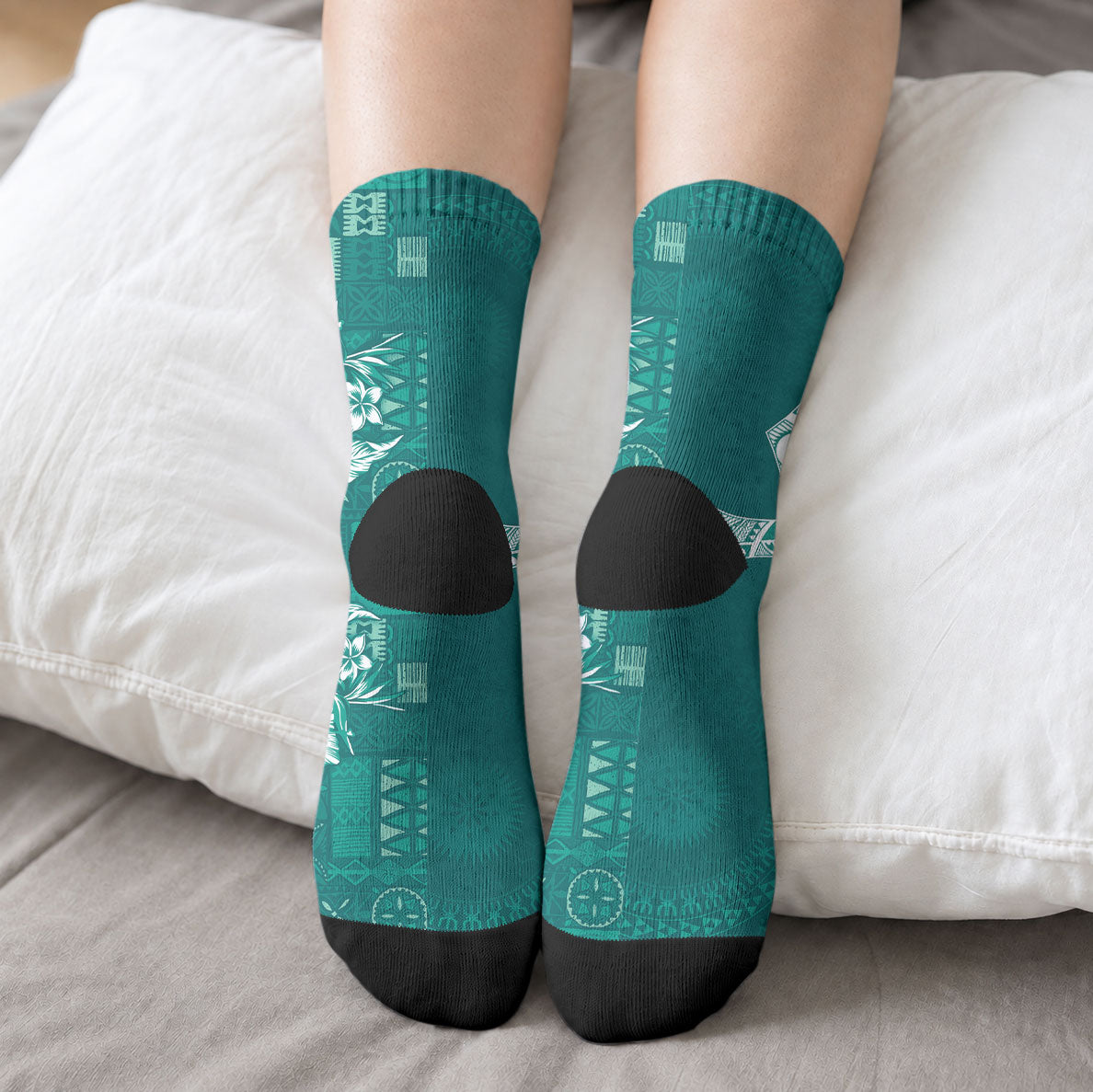 Kia Orana Cook Islands Tapa Floral With Cross Crew Socks Deep Teal LT7 - Polynesian Pride