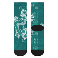 Kia Orana Cook Islands Tapa Floral With Cross Crew Socks Deep Teal LT7 - Polynesian Pride