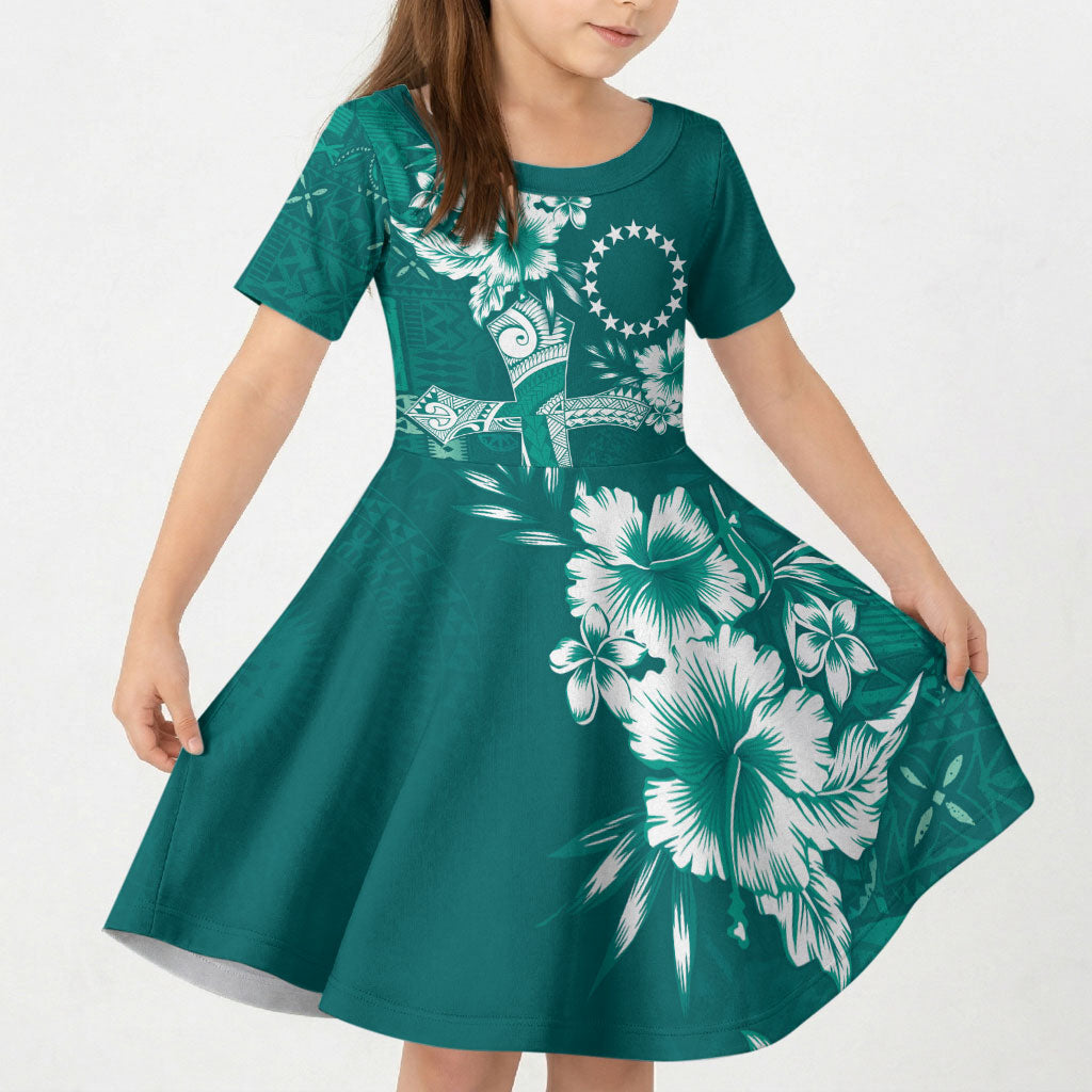 Kia Orana Cook Islands Tapa Floral With Cross Kid Short Sleeve Dress Deep Teal LT7 KID Deep Teal - Polynesian Pride