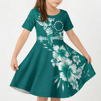 Kia Orana Cook Islands Tapa Floral With Cross Kid Short Sleeve Dress Deep Teal LT7 KID Deep Teal - Polynesian Pride