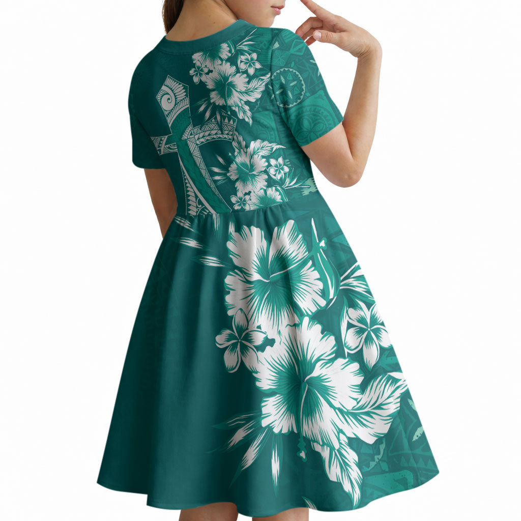 Kia Orana Cook Islands Tapa Floral With Cross Kid Short Sleeve Dress Deep Teal LT7 - Polynesian Pride