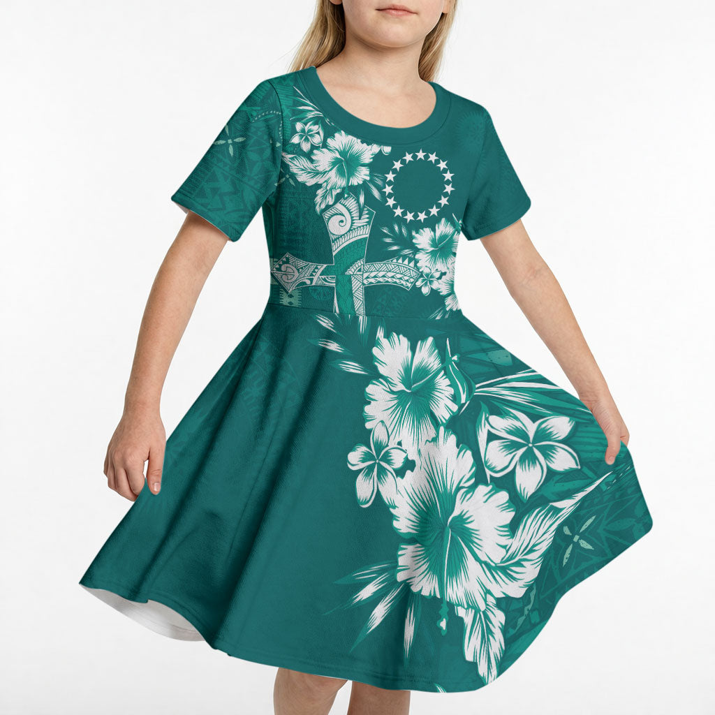 Kia Orana Cook Islands Tapa Floral With Cross Kid Short Sleeve Dress Deep Teal LT7 - Polynesian Pride