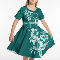 Kia Orana Cook Islands Tapa Floral With Cross Kid Short Sleeve Dress Deep Teal LT7 - Polynesian Pride