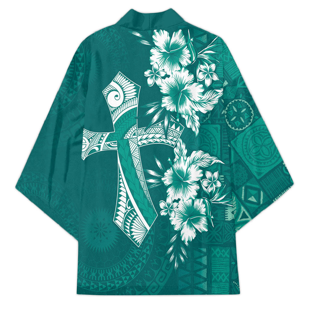 Kia Orana Cook Islands Tapa Floral With Cross Kimono Deep Teal LT7 - Polynesian Pride