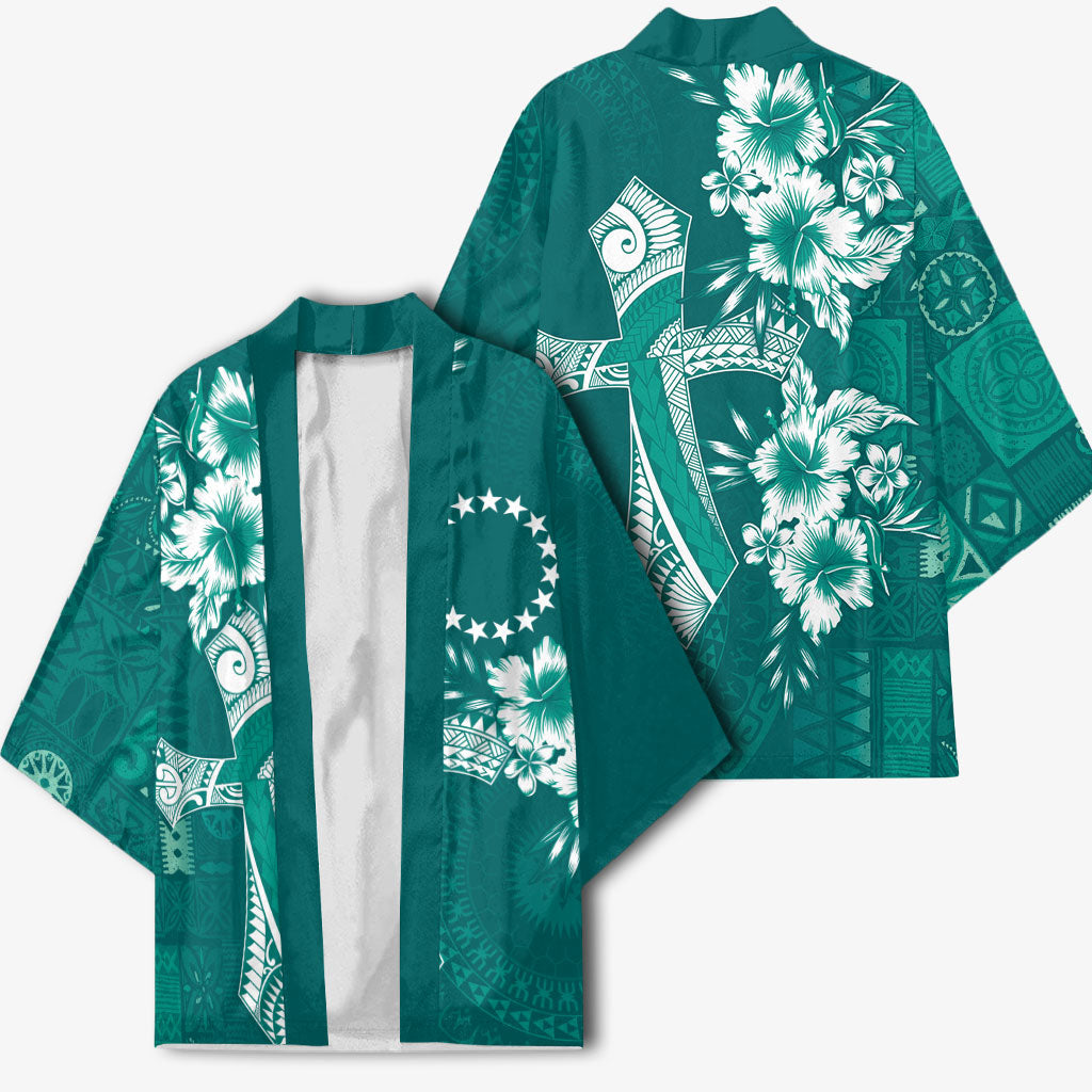 Kia Orana Cook Islands Tapa Floral With Cross Kimono Deep Teal LT7 - Polynesian Pride