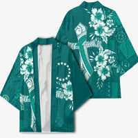 Kia Orana Cook Islands Tapa Floral With Cross Kimono Deep Teal LT7 - Polynesian Pride