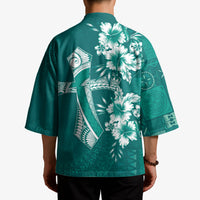 Kia Orana Cook Islands Tapa Floral With Cross Kimono Deep Teal LT7 - Polynesian Pride