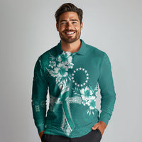 Kia Orana Cook Islands Tapa Floral With Cross Long Sleeve Polo Shirt Deep Teal LT7 - Polynesian Pride